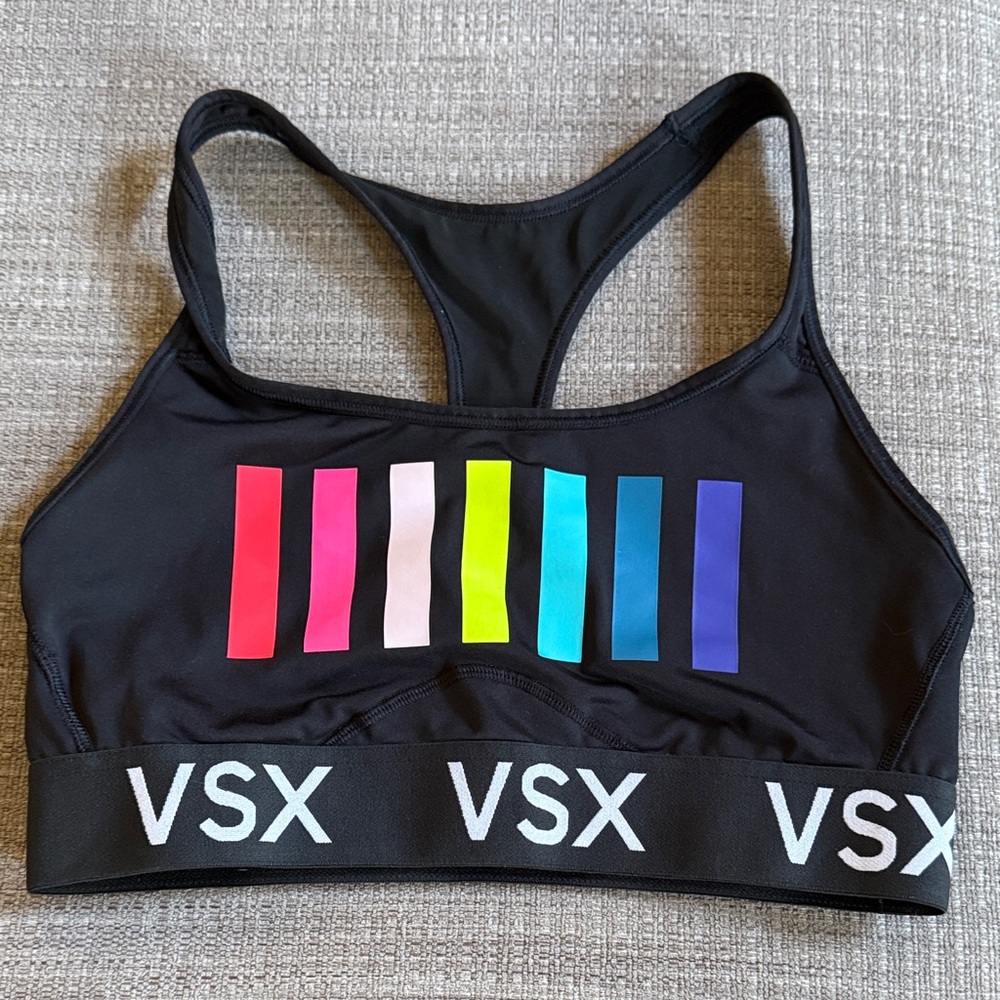 VSX Black Sports Bra with Multicolor Stripes